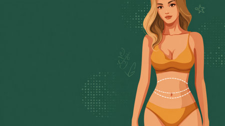 A torso illustration displays an overview of liposuction with emphasis on waist contour, aiming to inform viewers about the procedure.の素材