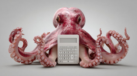 Realistic octopus uses a calculator to manage finances, emphasizing a corporate theme in a blank, neutral space.の素材