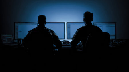 Law enforcement professionals track ongoing data breaches using multiple computer screens in a dimly lit room for security purposes.の素材
