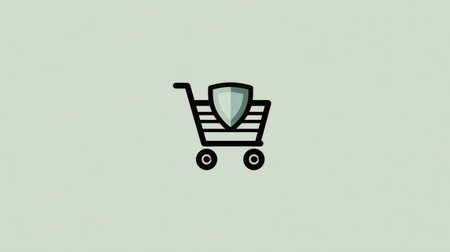 This illustration features a shopping cart with a shield, symbolizing secure online transactions and safe commercial payments.の素材