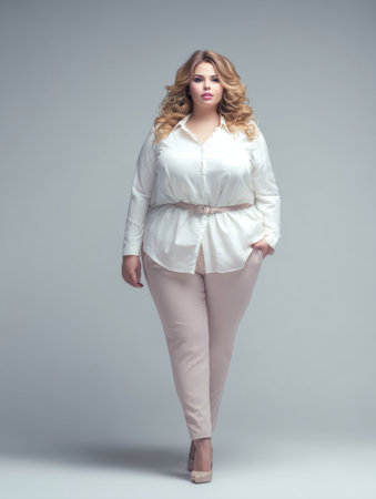 A plus size model walks confidently against a gray background, showing her stylish outfit and embracing body positivity in a fashionable way.の素材