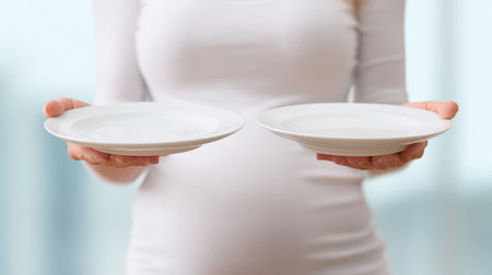 A woman holds two plates, one with healthy food and the other with junk food, representing a choice in her diet.の素材