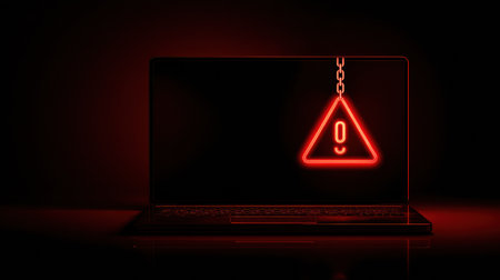 A laptop screen shows a highlighted malicious link within a phishing email. A red warning symbol hangs above, indicating danger.の素材