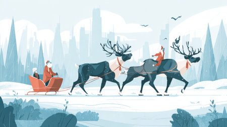 A joyful scene portrays Santa Claus riding with reindeer through a snowy city, spreading holiday cheer and warmth during the winter season.の素材