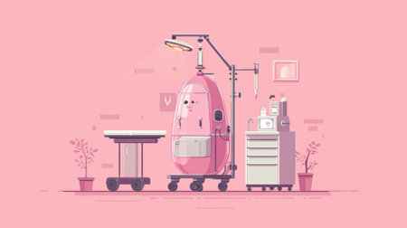 Bright clinic setting with modern surgical equipment and promotional package design highlighting healthcare services and patient care.の素材