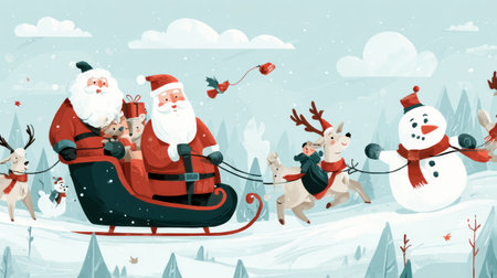 Enjoy a vibrant winter scene featuring Santa Claus, joyful reindeer, and a friendly snowman. Perfect for holiday greetings and celebrations.の素材