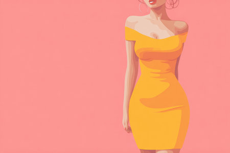 A stylish figure wearing a tight yellow dress highlights fashion challenges and body shape representation against a pink backdrop.の素材