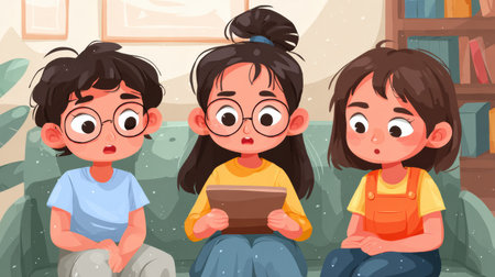 Three children react with surprise as they read a parental safety warning on a hacked tablet while sitting in a cozy living room.の素材