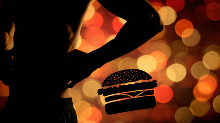 Silhouette of a person squeezing their belly as a blurred fast food logo looms in the background, illustrating a struggle with temptation.の素材