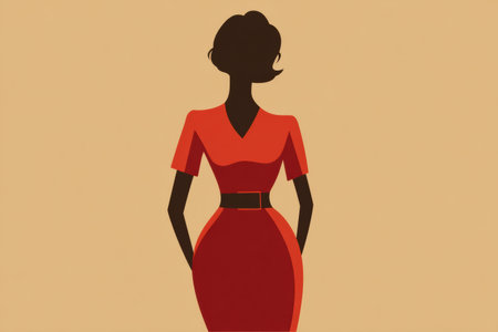 The struggle of finding a fashionable outfit that fits well, highlighting a belly bulge in a tight dress silhouette.の素材