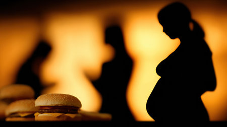 A person is squeezing their belly as blurred silhouettes of fast food logos appear in the background, capturing the essence of temptation.の素材