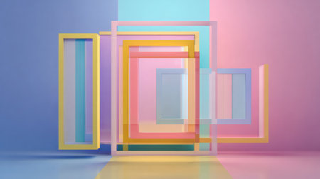 Colorful geometric shapes in bright hues form a dynamic backdrop with ample empty space for adding personalized textの素材