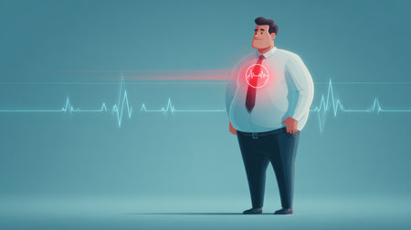 Silhouette of an overweight individual shows a heart disease icon, highlighting health risks associated with obesity for educational purposes.の素材