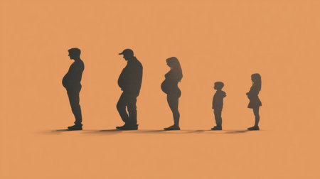 Silhouettes illustrate the journey from pregnant adults to children, depicting the progression of life stages in a clear and engaging manner.の素材