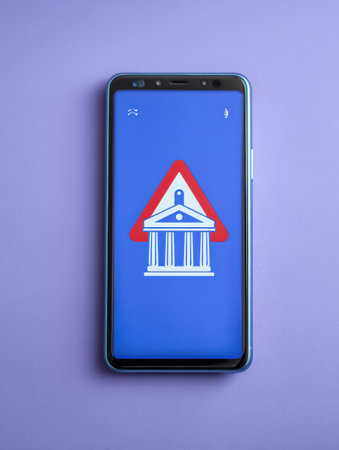 Warning message about a phishing scam appears on a smartphone with a fake bank application in a neutral background.の素材