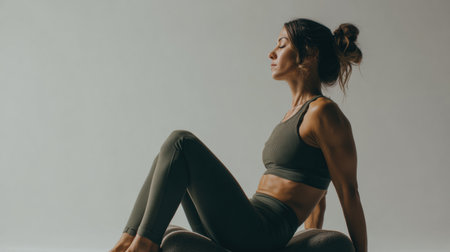 A woman executes a Pilates roll-up, showing her core strength and control in a calm setting with a premium slow-motion effect.の素材