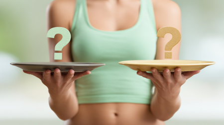 A woman stands with two plates, contemplating healthy versus junk food options, symbolizing important choices for her wellbeing.の素材