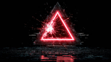 A bright red warning triangle displays over a compromised cyber system, featuring glitch effects to signal a serious threat.の素材