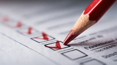 A red pencil highlights a checkbox on a ballot paper, showing voter participation during an election at a local polling place.の素材