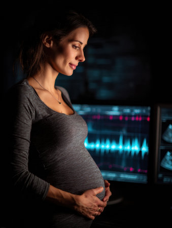 Pregnant woman receives an ultrasound scan at six months gestation to monitor baby development and check maternal health status.の素材