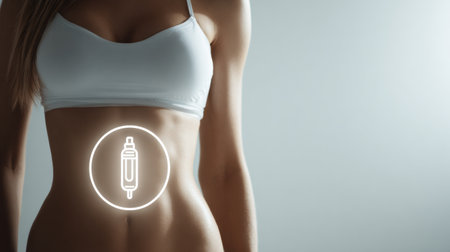 Visual representation of liposuction showcasing a cannula icon on a belly against a light background promotes body improvement options.の素材