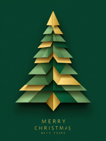 This festive template showcases a modern geometric Christmas tree in green and gold, perfect for holiday greetings and celebrations.の素材