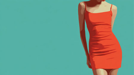 A person stands gracefully, showing a noticeable belly bulge in a tight-fitting dress, navigating fashion challenges in a vivid environment.の素材