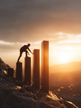 A person climbs on a graph representing business growth during sunset, symbolizing effort and achievement in a beautiful setting.の素材