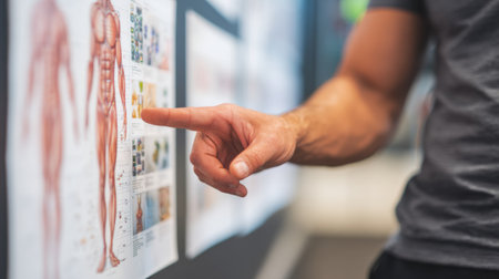 Trainer points at a belly chart muscle on the wall during an educational fitness class, providing key insights to students about anatomy.の素材