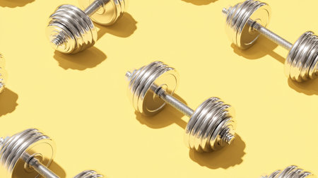 Dumbbells rest on a vibrant yellow surface, symbolizing both physical strength and mental training to enhance overall wellness.の素材