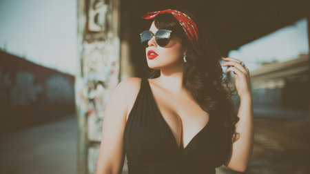 Confident plus size girl stands in an urban area. She wears sunglasses and a red bandana, showcasing a bold style against a city backdrop.の素材
