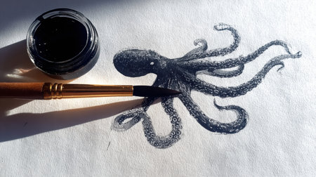 A detailed ink-wash octopus is created on rice paper, showing brush texture with a blank area for a thoughtful quote.の素材