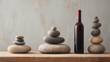Zen stones stack harmoniously beside a wine bottle, creating a serene wabi-sabi layout on a rustic wooden surface.の素材