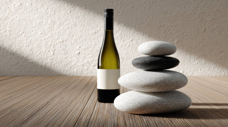 Zen stones are meticulously stacked beside a wine bottle, highlighting the wabi-sabi aesthetic in a tranquil indoor setting.の素材