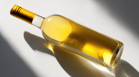 A wine bottle rests on a pure white surface, creating a calming visual with a gentle natural shadow and a minimal aesthetic.の素材