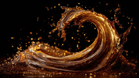 A stunning wine splash is frozen in midair, forming an elegant arc with golden highlights, creating a dramatic and luxurious visual effect.の素材