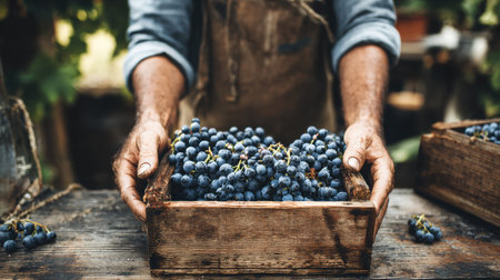Hands of a winemaker showcase freshly picked grapes above a wooden box during a rustic harvest moment in a vineyard.の素材