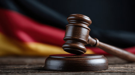 A wooden judges gavel rests on a podium in front of a German flag, representing the legal system and authority in Germany.の素材