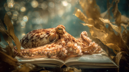 An octopus peacefully reads a book surrounded by glowing kelp, creating a magical setting filled with wonder and curiosity.の素材