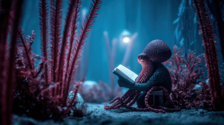 A surreal octopus sits reading a book in an enchanting kelp library, illuminated by soft glows and surrounded by underwater beauty.の素材