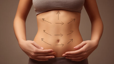 Arrows are drawn on the skin of the belly, indicating areas for surgical planning in a clinic with soft neutral lighting.の素材