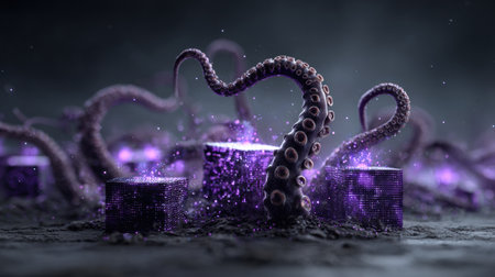 Tentacles interact with glowing data cubes, creating dynamic visual effects in a sleek, dark background, showcasing AI and big data concepts.の素材