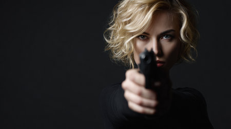 A woman stands in a dark space, pointing a gun straight ahead with a fierce expression, showing her determined intensity.の素材