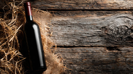 A wine bottle lies on a weathered wooden table, with cracked textures and straw scattered around, creating a charming rustic atmosphere.の素材