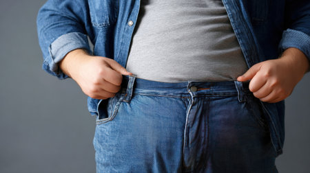 Individual shows difficulty in fitting into tight jeans while standing indoors, highlighting the challenge of fashion choices in everyday life.の素材