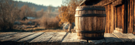 A rustic wooden barrel rests on a weathered surface with an old barn in the background, surrounded by the warmth of the countryside.の素材