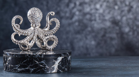 A stunning octopus sculpture in silver detail sits on a sleek black marble pedestal, ideal for luxury branding or decor.の素材