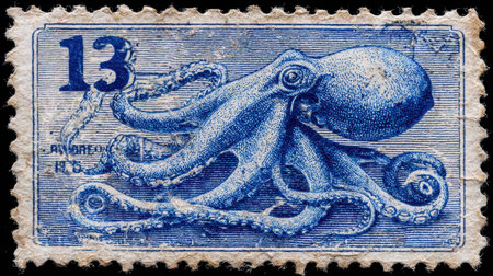 This unique postage stamp displays an octopus with a classic retro design, capturing the essence of seaside history and creativity.の素材