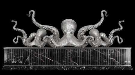 This stunning silver octopus sculpture on a polished black marble pedestal is a unique luxury centerpiece for upscale decor.の素材