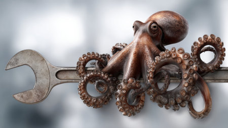 A realistic octopus grips a large wrench, symbolizing repair services with an industrial blurred background enhancing its visual appeal.の素材